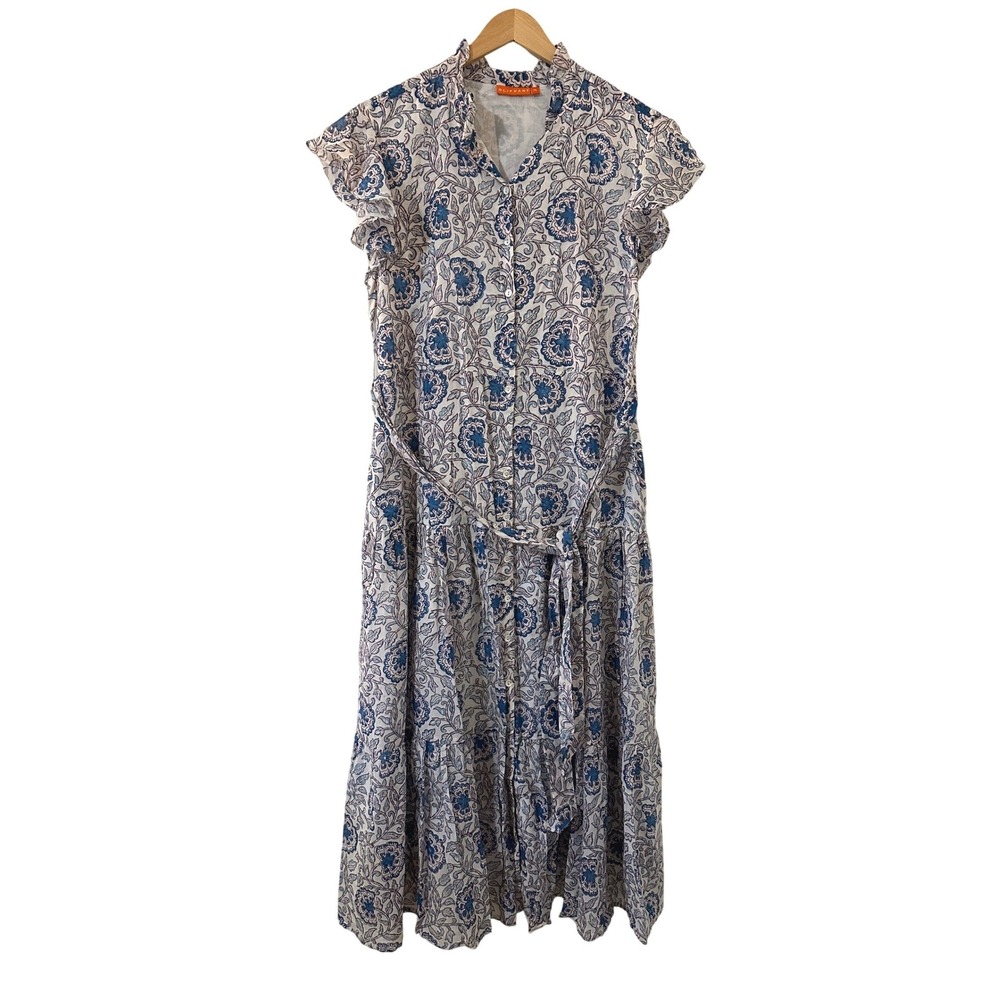 Oliphant Blue Indian Floral Print Cotton Maxi Dress XL Boho Resort Tie‎ Waist